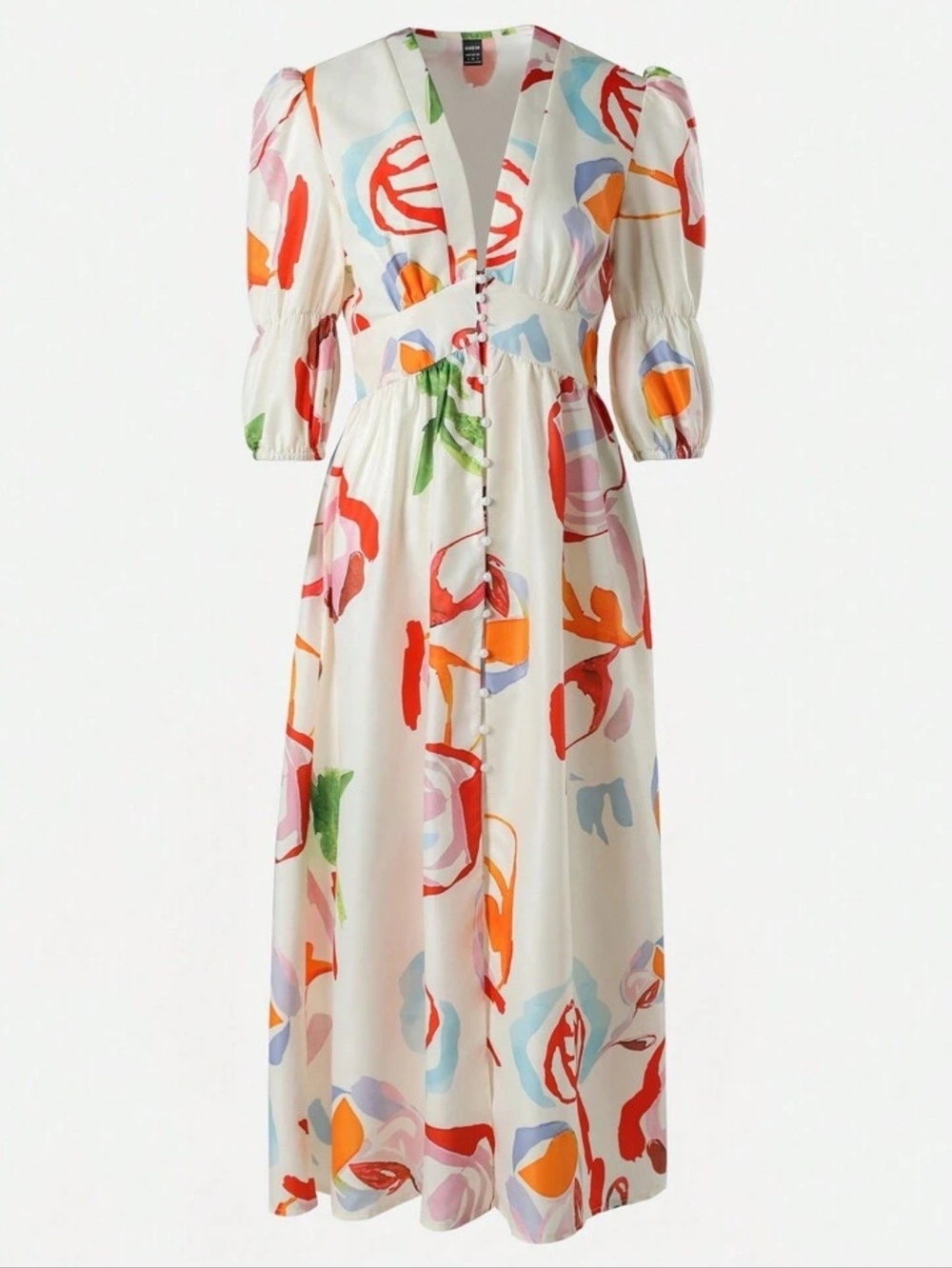 SHEIN Chiquease Abstract Print Puff Sleeve Midi Dress | Size Small